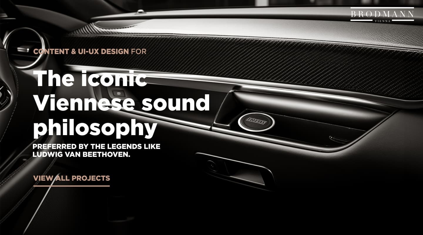 Jumpinggoose website, content and UI-UX design visual featuring Brodmann’s signature Viennese sound philosophy in a luxury car interior.