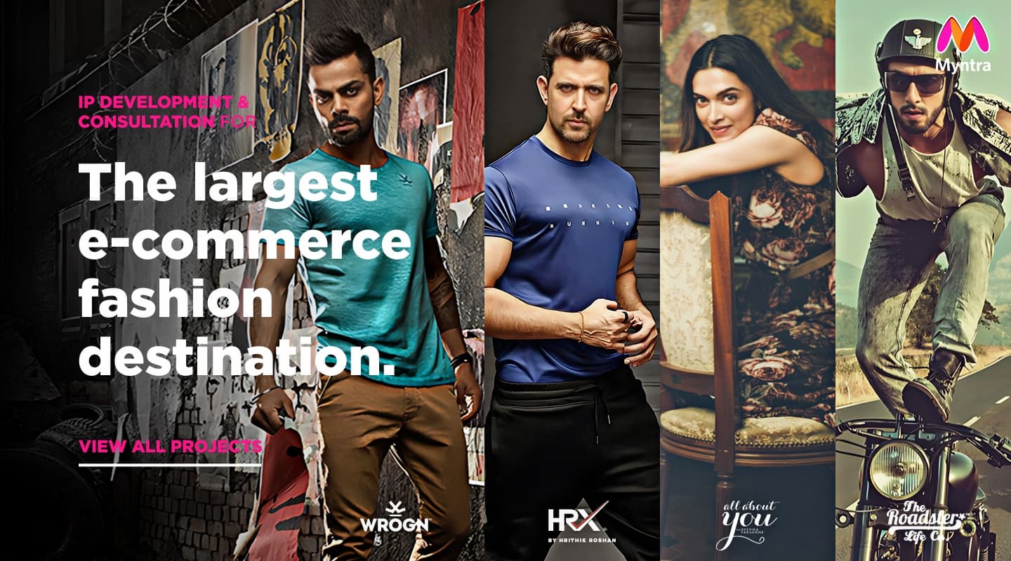 Jumpinggoose Brand Design, IP development and consultation work for Myntra shown through fashion visuals featuring Wrogn, HRX, All About You and Roadster.