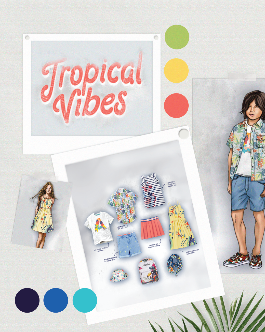 JUMPINGGOOSE trend forecasting board for Nautica showcasing tropical vibes, colour palettes, and kidswear fashion trends.