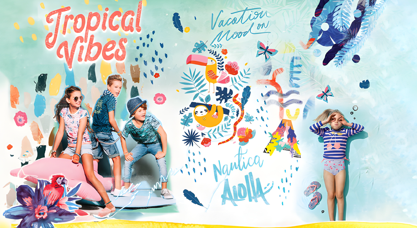 Trend forecasting visual by JUMPINGGOOSE for Nautica, capturing tropical themes and future fashion direction.