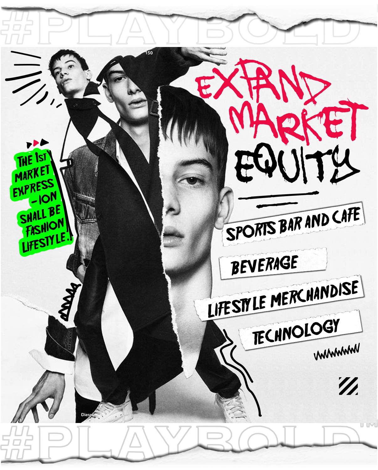 Dynamic JUMPINGGOOSE brand strategy graphic highlighting market equity growth in fashion, lifestyle merchandise, tech, and beverage.