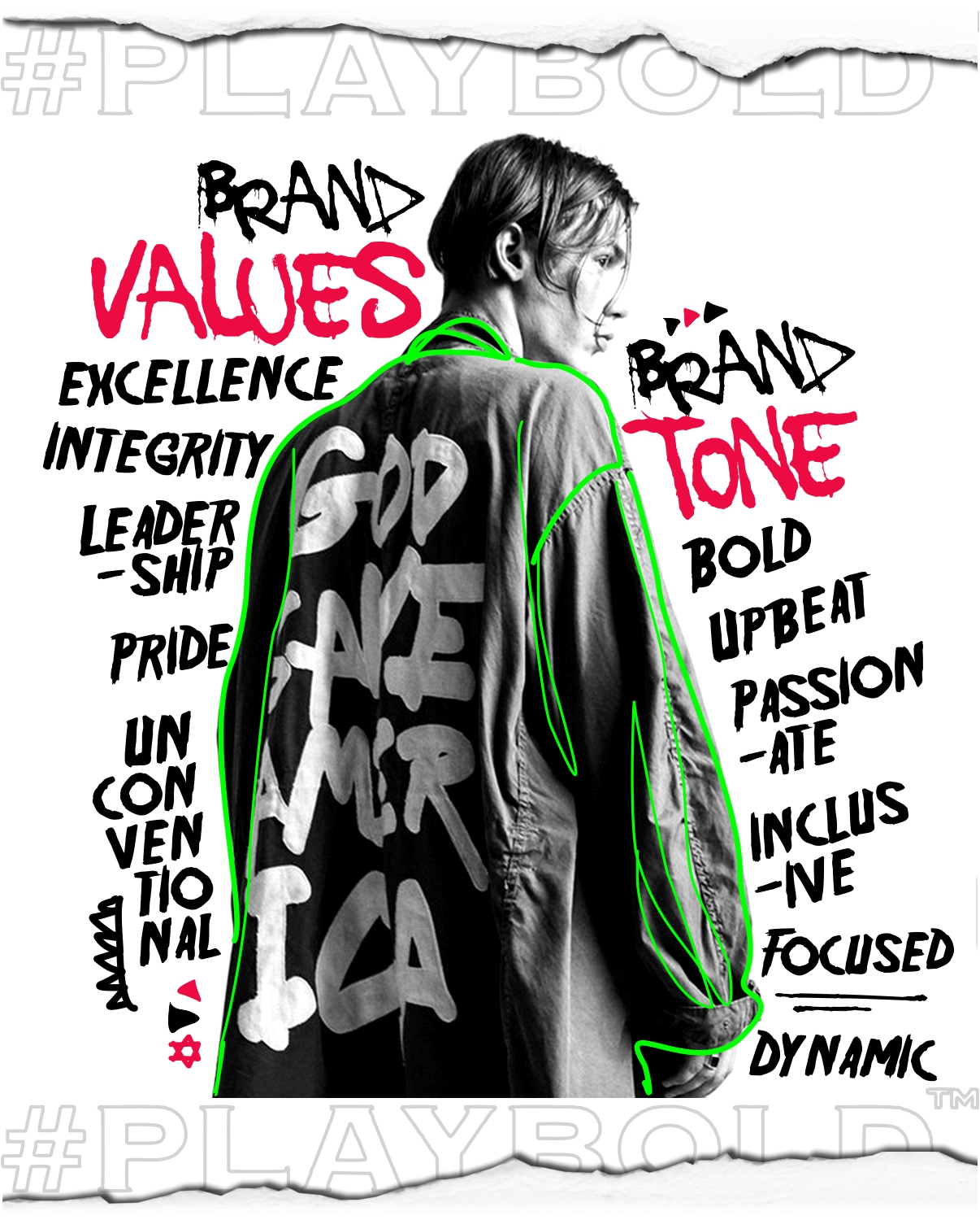 Brand values and tone graphic created by JUMPINGGOOSE, showcasing expressive branding design for modern marketing identity.