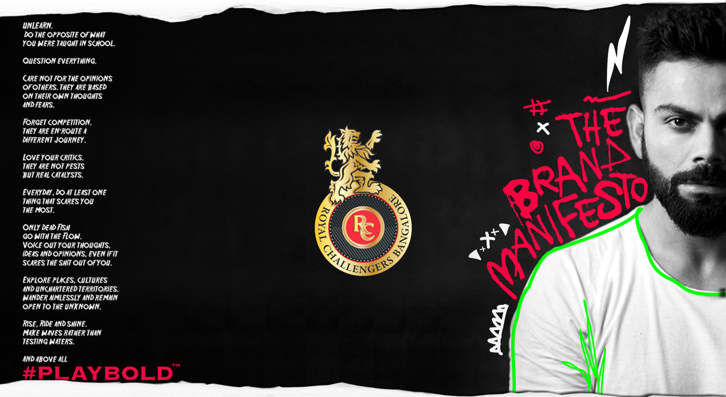 JUMPINGGOOSE branding design for RCB showing a bold manifesto layout with Virat Kohli, highlighting strong branding in marketing.