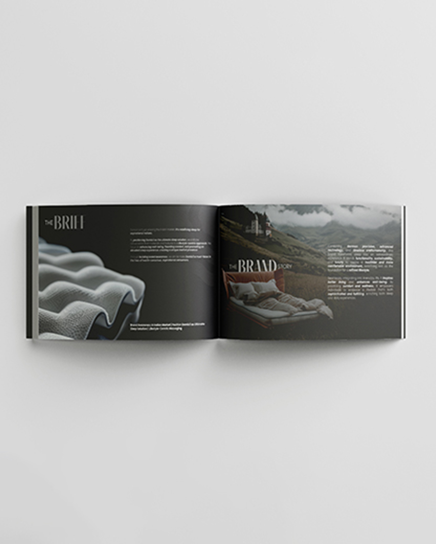 Domicil Sleep brand narrative book showing premium mattress communication and brand story