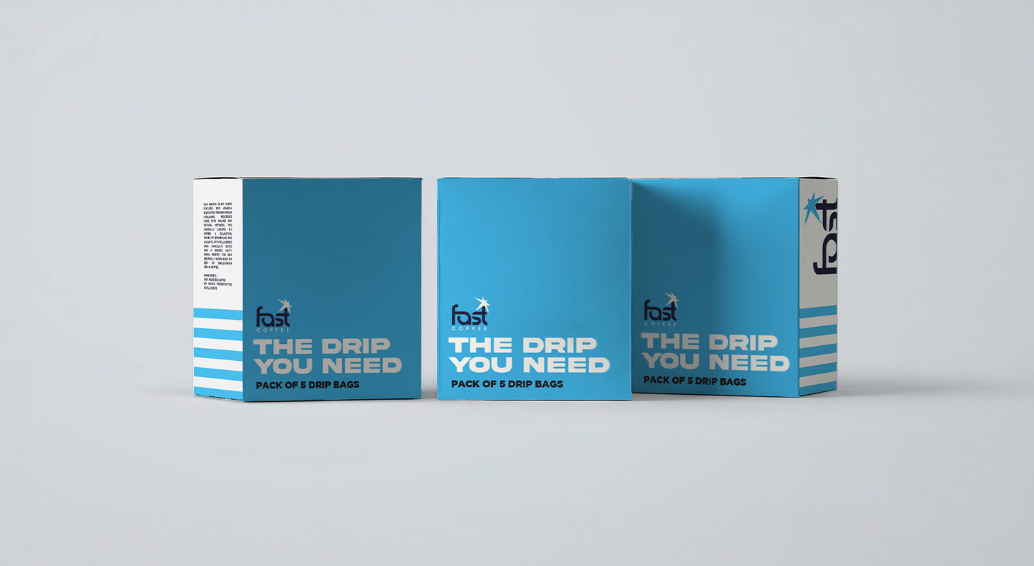 Fast Coffee packaging design cover showing blue drip coffee boxes for brand and retail touchpoints.