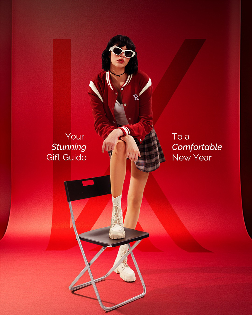 Keepups social campaign visual with model seated on a chair against a red backdrop