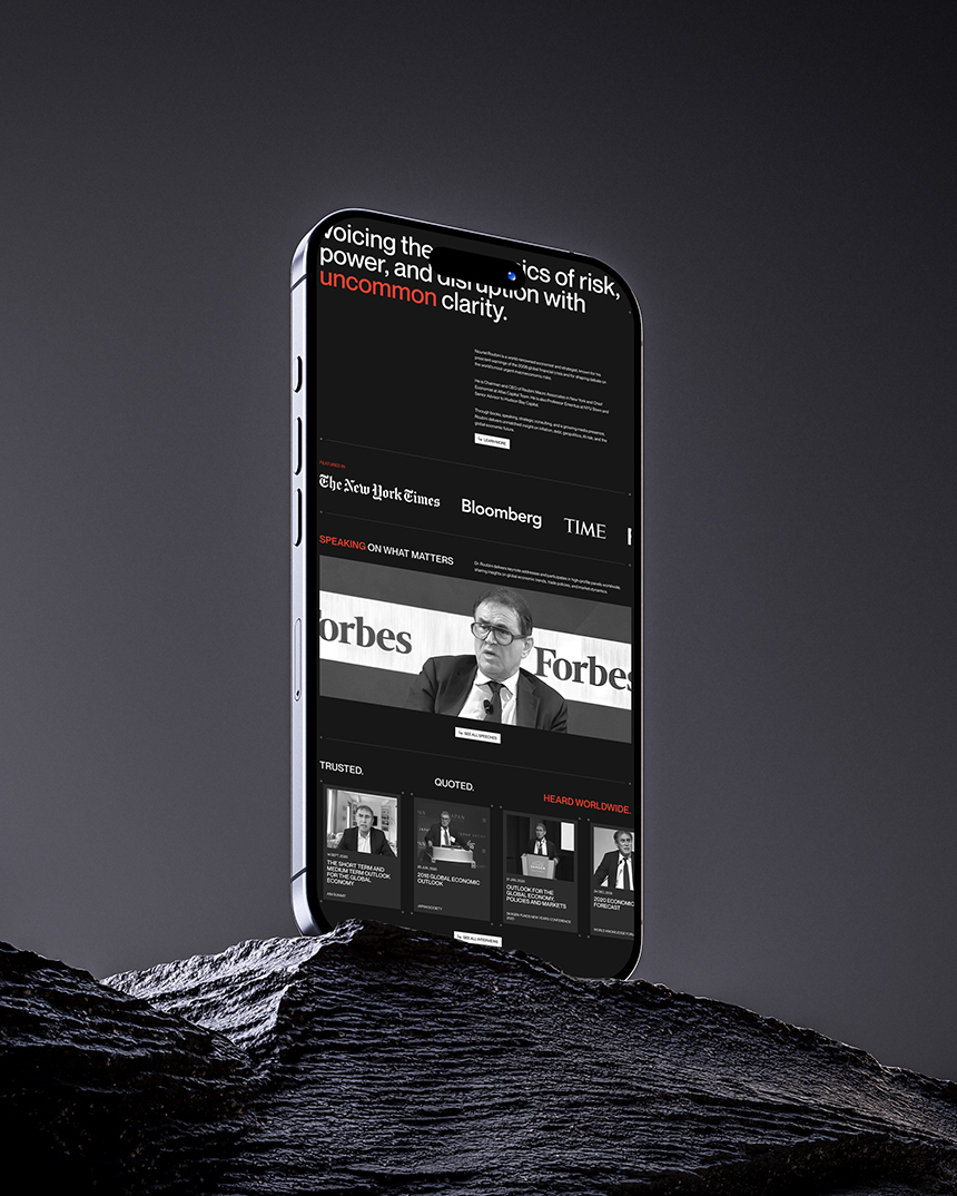 Nouriel Roubini personal brand website design shown on mobile with thought leadership content interface