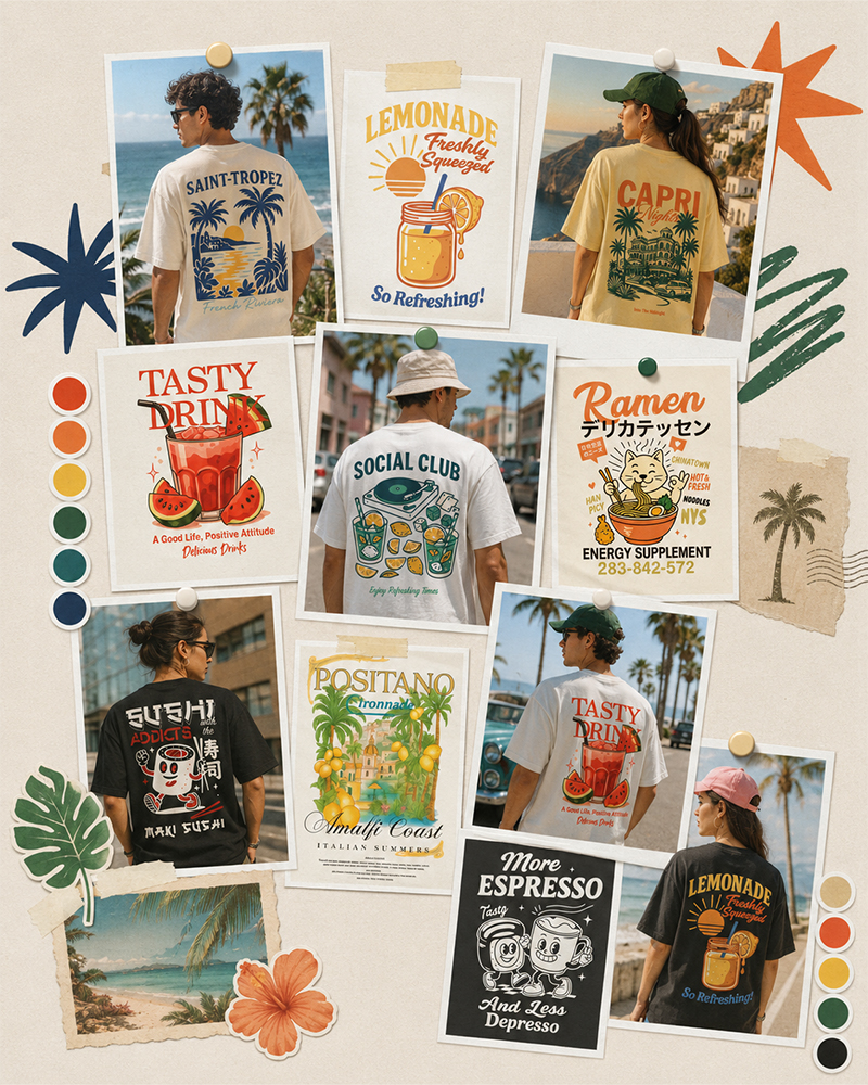 SHEIN fashion graphic artwork board showing T-shirt print concepts for trend-led apparel range design