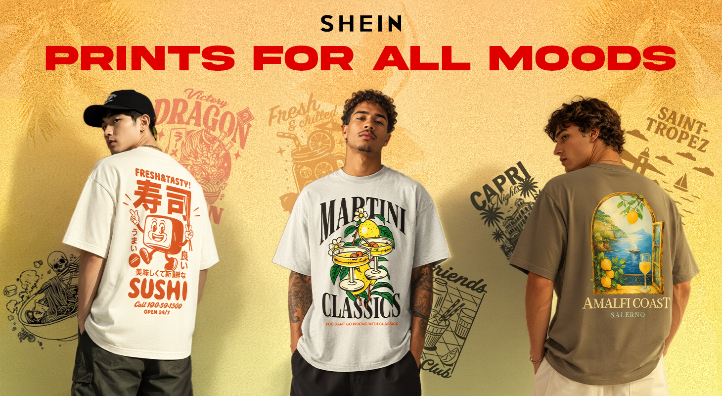 SHEIN menswear graphic T-shirt collection showing Capri and social club print artwork