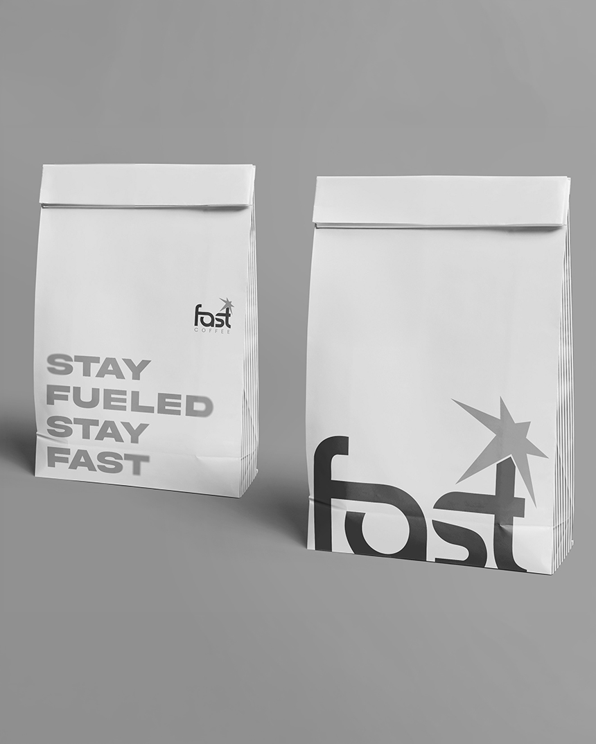 Fast Coffee retail packaging design with branded coffee bags and visual identity system