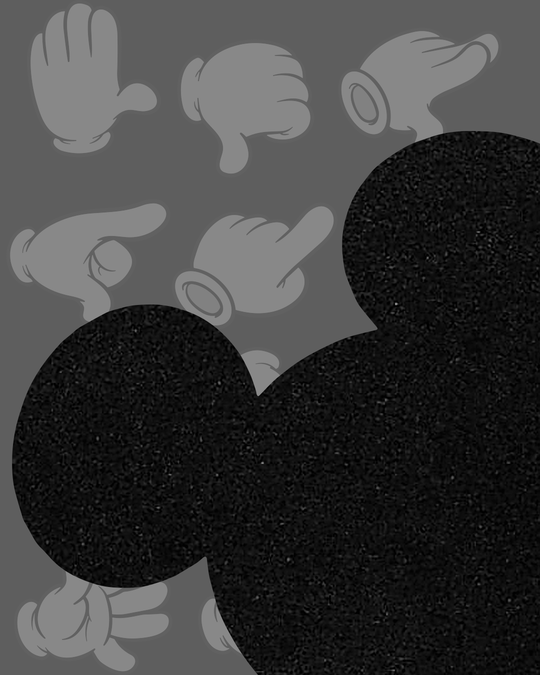 Collection style guide for Disney & Me with a bold Mickey Mouse silhouette layered on patterned cartoon glove illustrations.