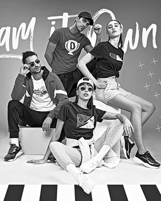 Brand film visuals for Dream11 × PUMA by JUMPINGGOOSE showing a confident group posed in coordinated sporty fashion.