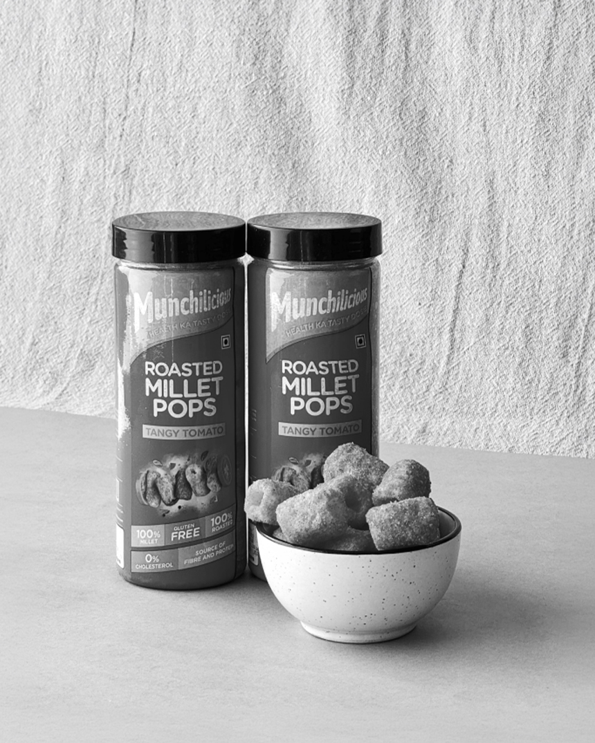 Munchilicious healthy snacking brand communication visual featuring roasted millet pops packaging