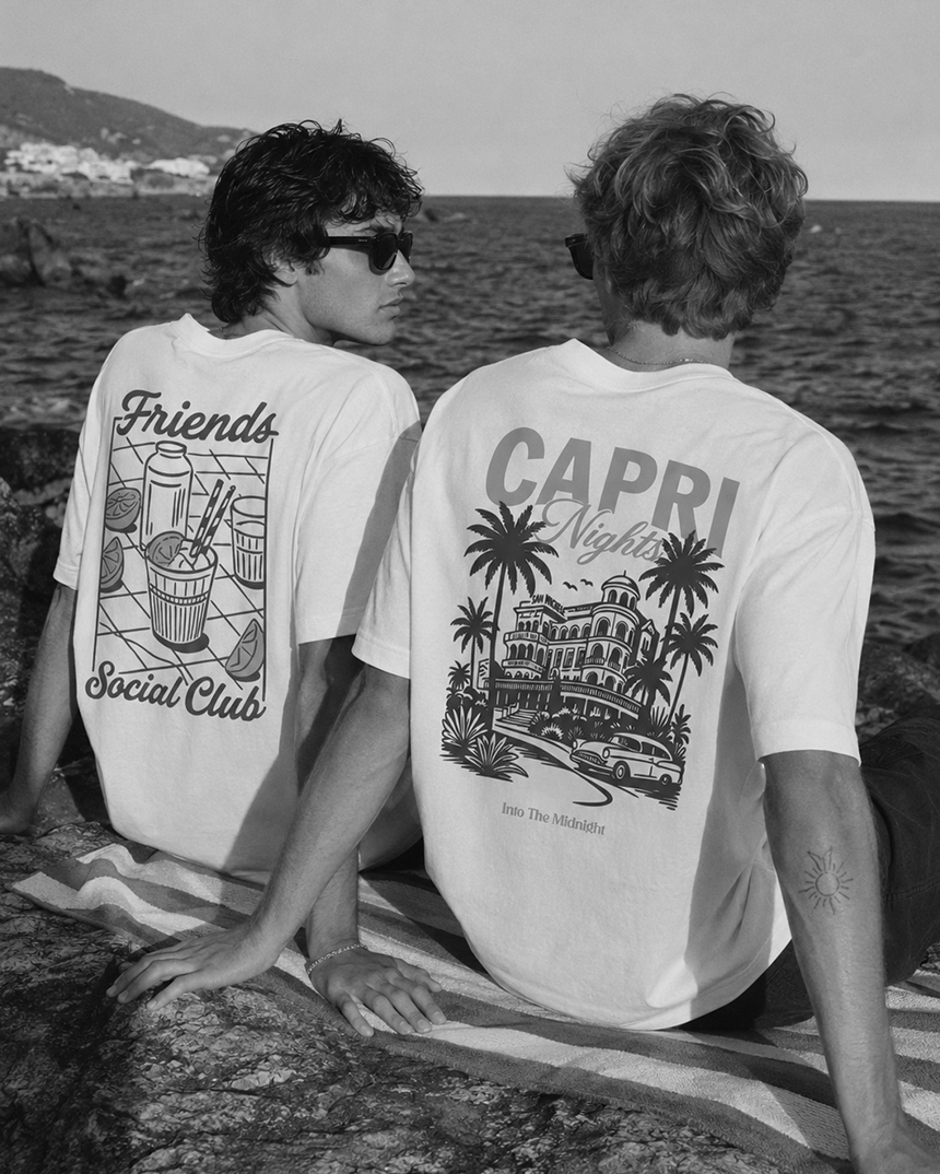 SHEIN menswear graphic T-shirt collection showing Capri and social club print artwork